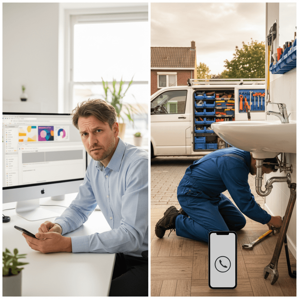 Een loodgieter die onder een wastafel aan het werk is, met een rinkelende telefoon op de voorgrond die hij niet kan opnemen. Split-screen met een gefrustreerde klant die door zoekresultaten scrollt.