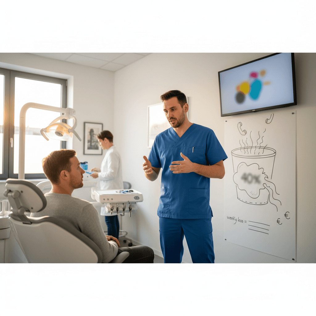 Infographic met een lekkende emmer metafoor: bovenaan komen telefoontjes binnen, 40% lekt weg als 'gemiste oproepen', met eurotekens die wegsijpelen. Onderaan de berekening van weekverlies.